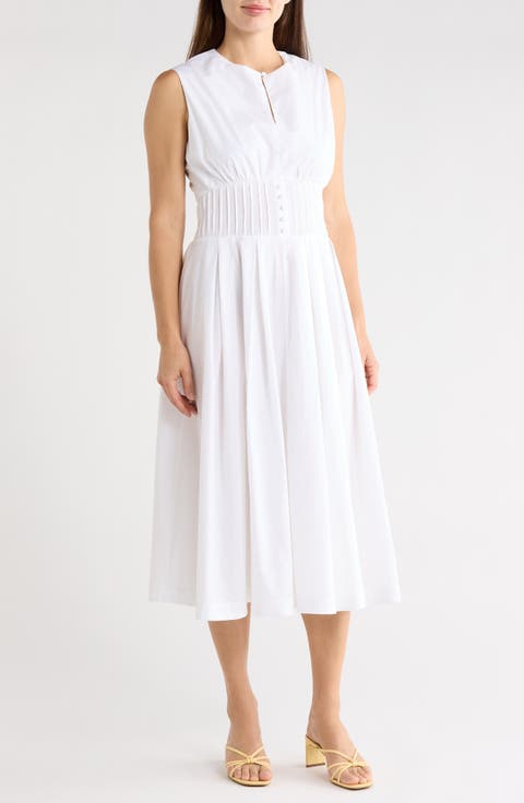 Sleeveless Pintucked Empire Waist Cotton Midi Dress