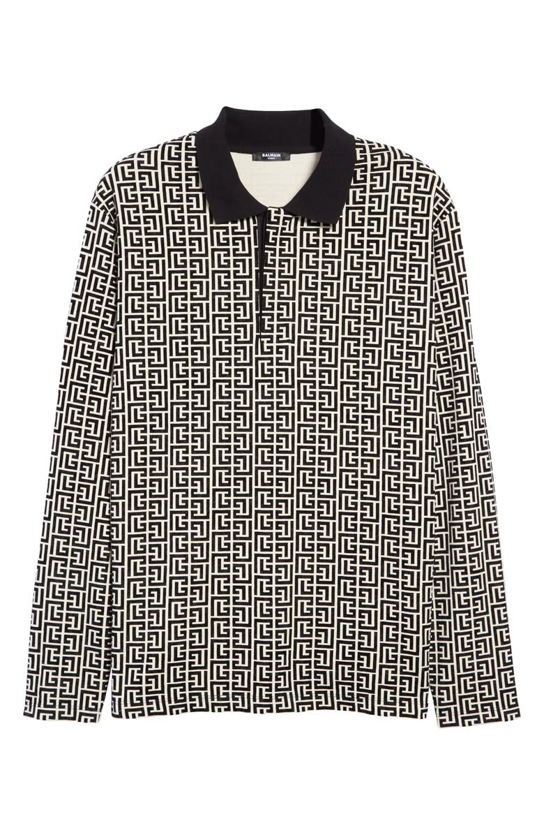 Balmain Monogram Jacquard Long Sleeve Polo, Alternate, color, 