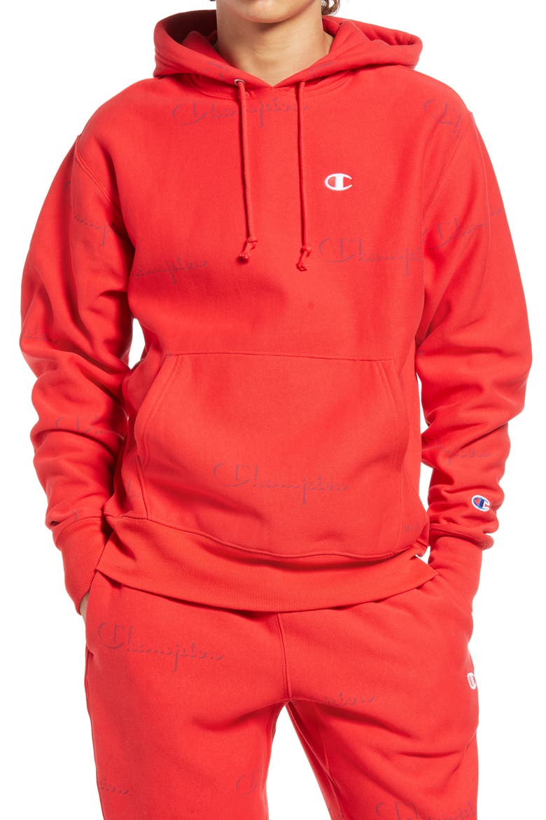 Reverse Weave® All Over Logo Hoodie, Main, color, SCRIPT DROP SHADOW SCARLET