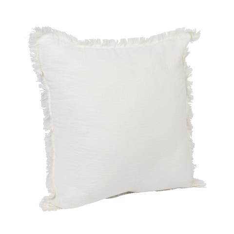 Square Stonewashed Linen Pillow with Fringe, Ivory