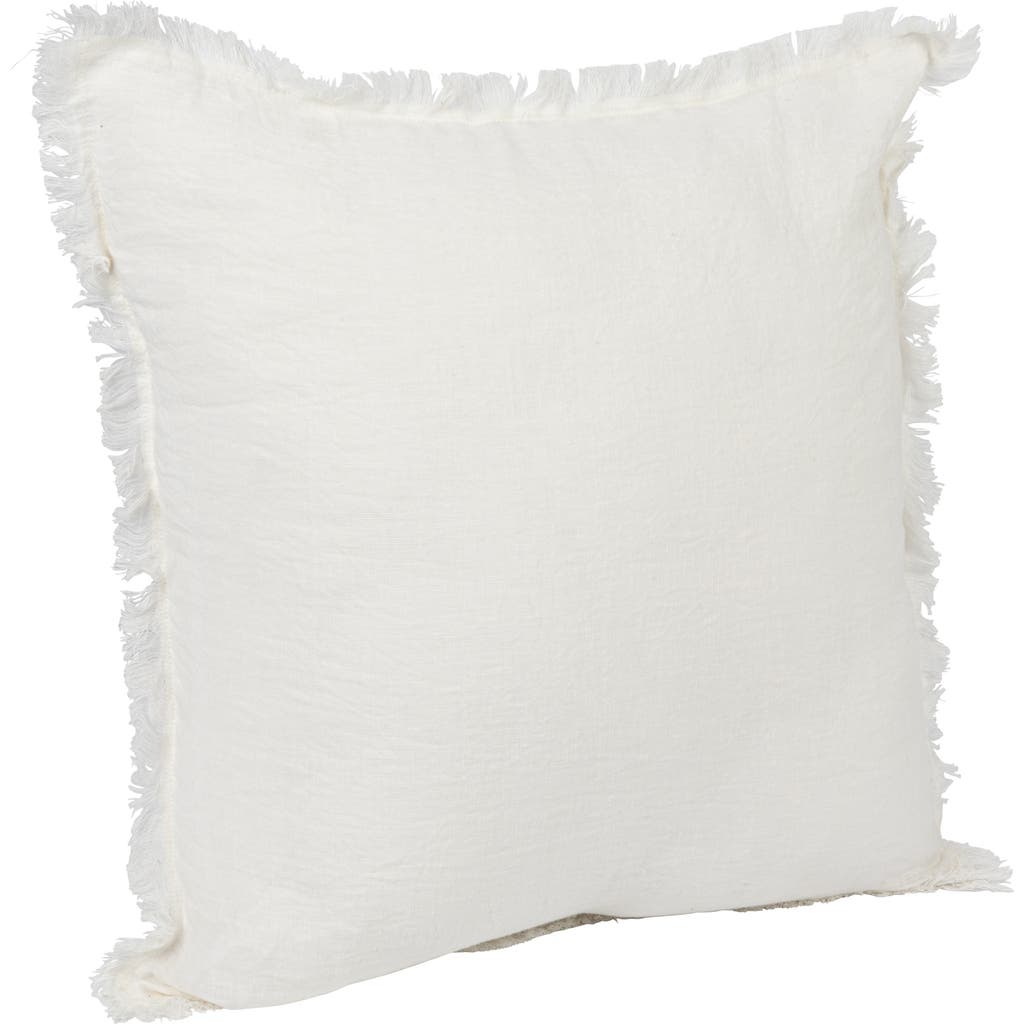 Storied Home Square Stonewashed Linen Pillow With Fringe, Ivory In White