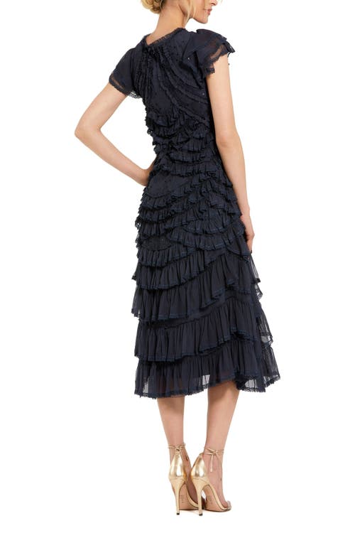 Mac Duggal High Neck Ruffle Mesh Midi Dress In Blue