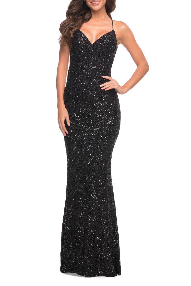 Luxurious Soft Sequin Dress with V Neckline, Main, color, Black