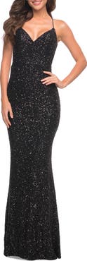 La Femme Luxurious Soft Sequin Dress with V Neckline