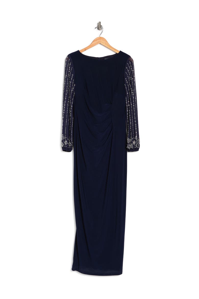 Beaded Long Sleeve Maxi Gown, Alternate, color, NAVY