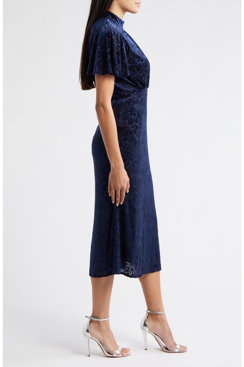 Velvet Burnout Short Sleeve Midi Dress, Alternate, color, NAVY