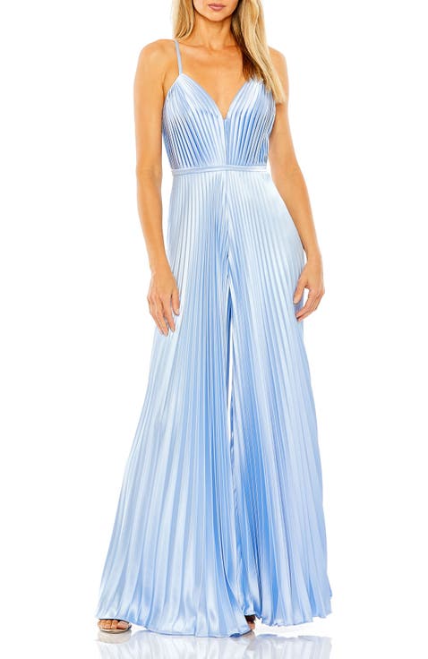 Pleated Plunge Neck Wide Leg Jumpsuit