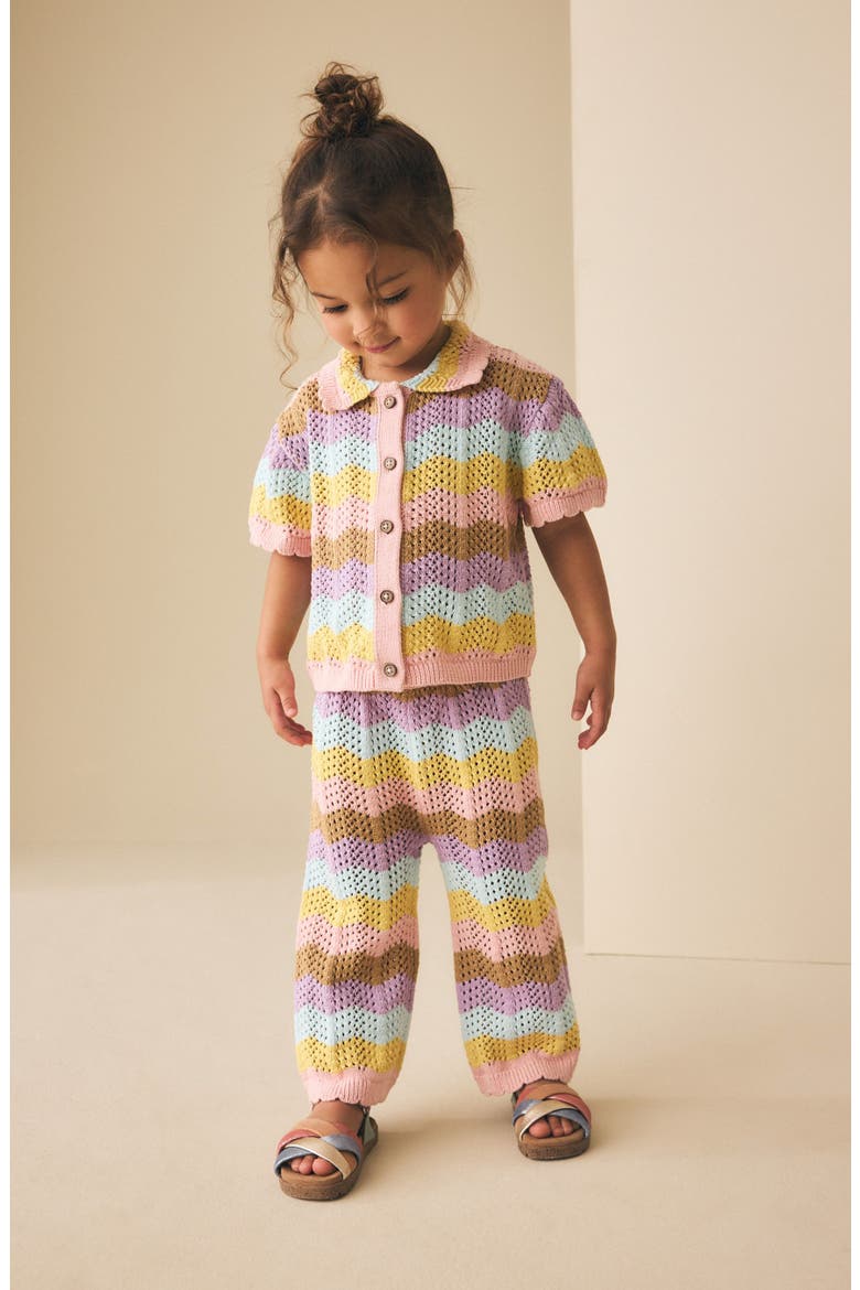 Kids' Wavy Stripe Open Knit Shirt & Pants Set, Alternate, color, PINK MULTI