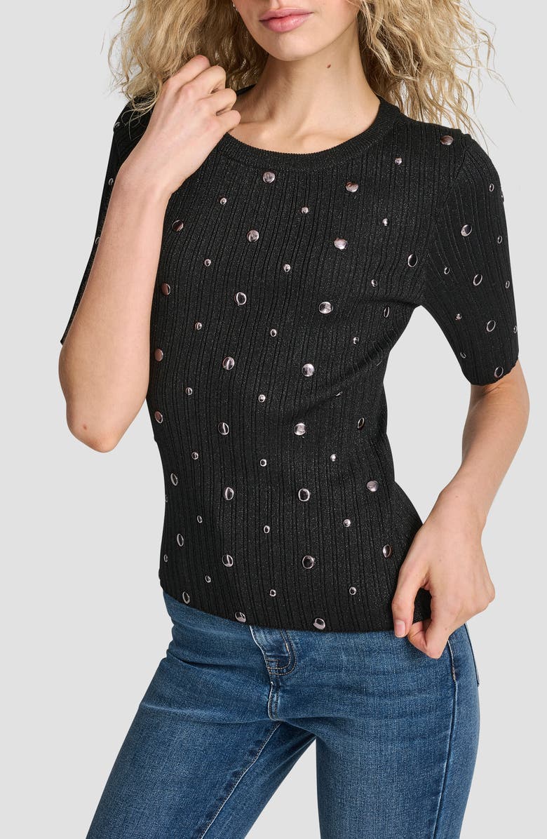 DKNY Studded Metallic Rib Short Sleeve Sweater, Alternate, color, Black