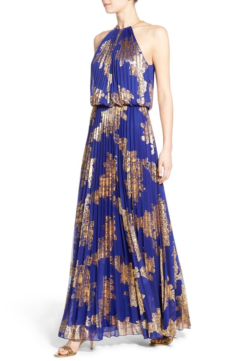 Xscape Foiled Pleated Blouson Gown, Alternate, color, COBALT/ GOLD