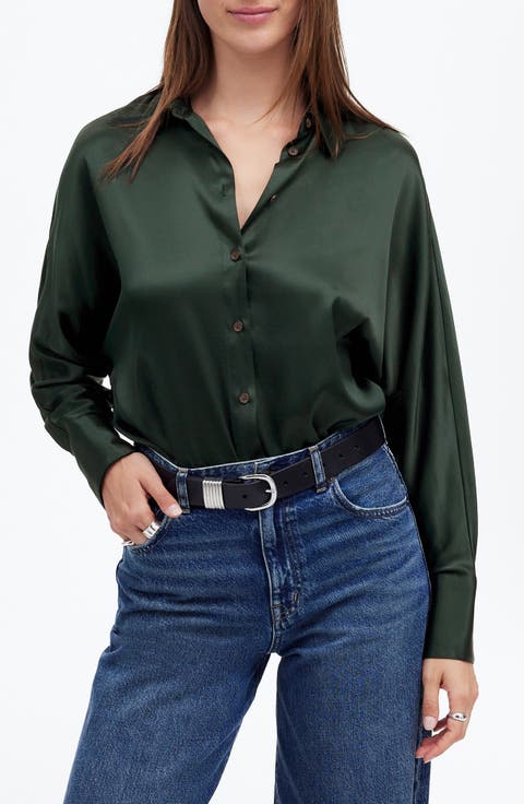 Relaxed Dolman Satin Button-Up Shirt