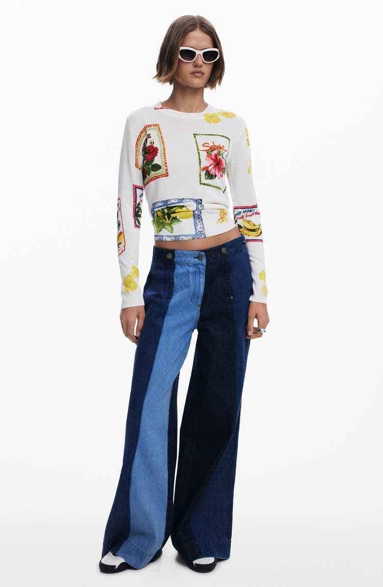 Desigual Floral Crewneck Sweater, Alternate, color, Light Beige