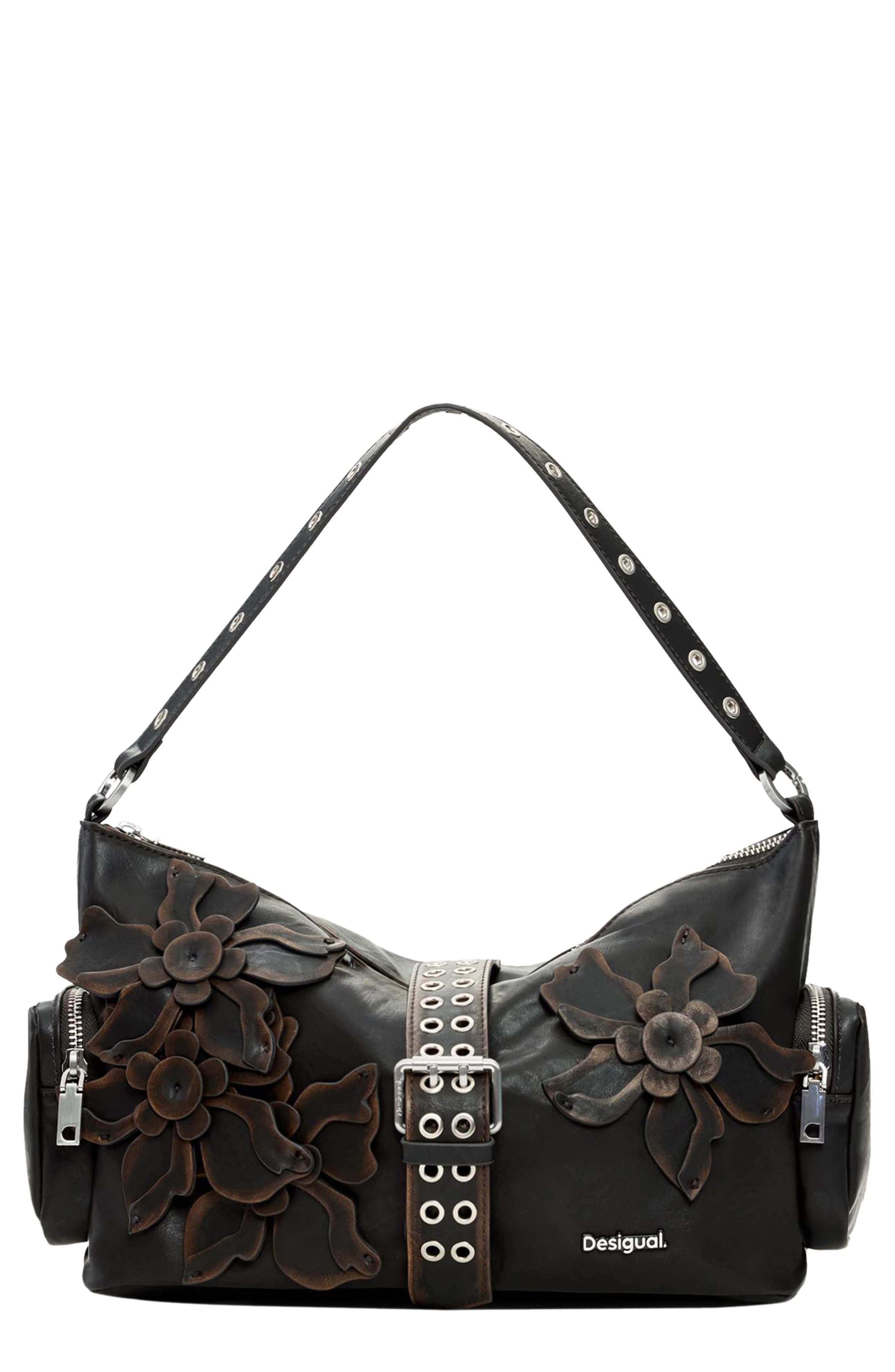 Desigual Medium Floral Appliqué Faux Leather Shoulder Bag, Main, color, Dark Brown