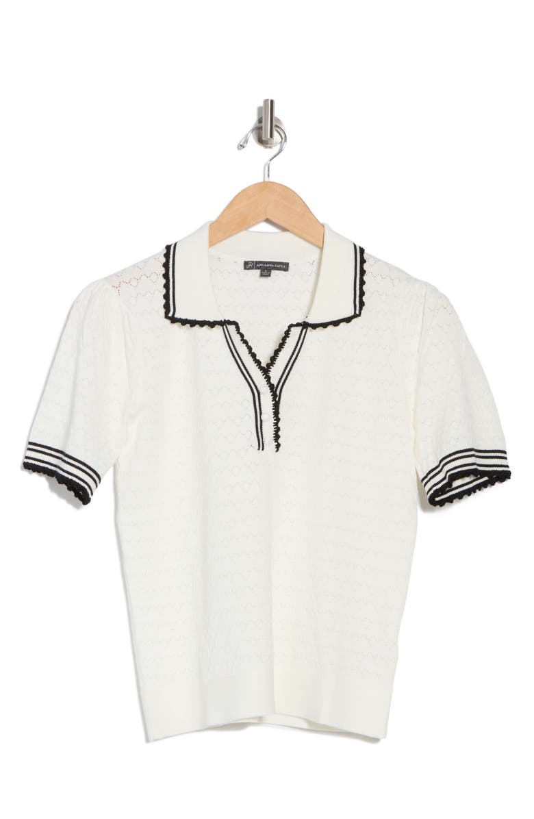 Adrianna Papell Tipped Pointelle Polo Sweater, Alternate, color, Ivory/ Black