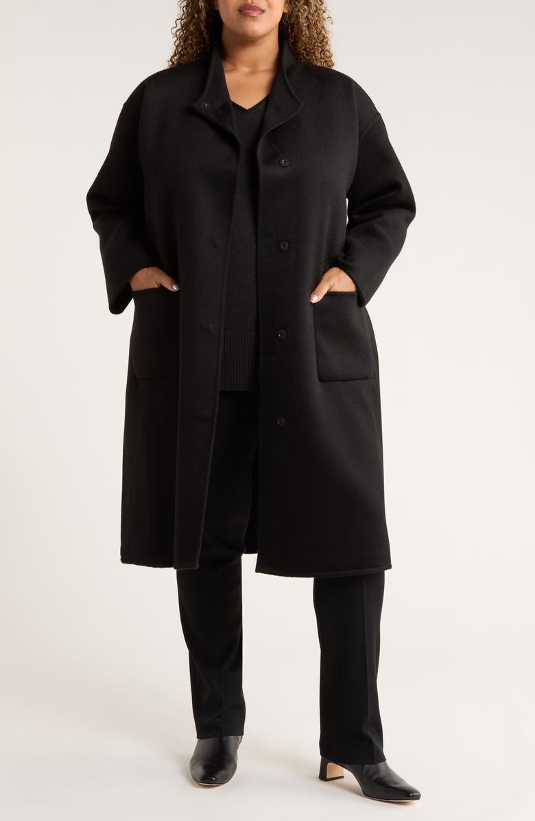 Eileen Fisher Belted Stand Collar Wool Coat, Main, color, Black