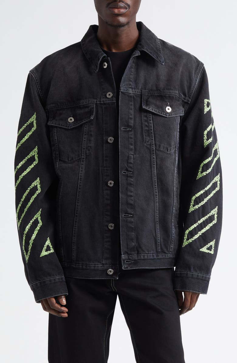 Off-White Diagonal Arrow Outline Embroidered Denim Skate Jacket, Main, color,