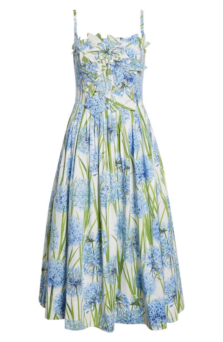 Oscar de la Renta Alliums Appliqué Pleated Stretch Cotton Poplin Fit & Flare Dress, Alternate, color, Blue/ White