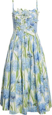 Oscar de la Renta Alliums Appliqué Pleated Stretch Cotton Poplin Fit & Flare Dress