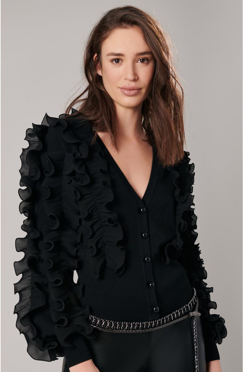 Anne Fontaine Women's Ciline White Long Sleeve Ruffle Cardigan, Alternate, color, Black