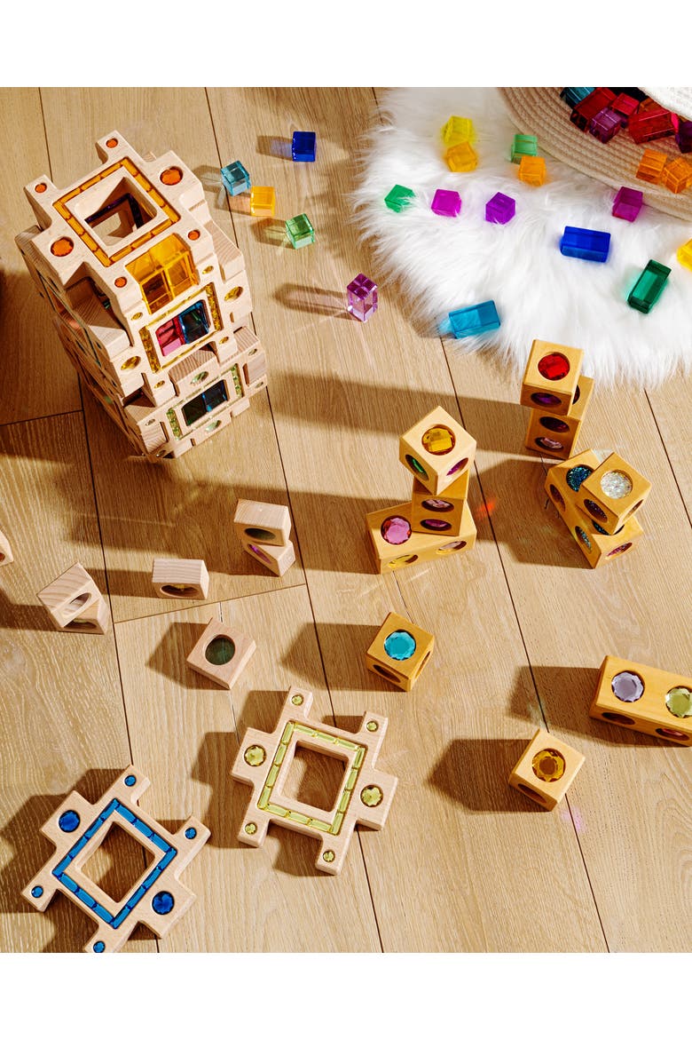 Frankie Wooden Building Blocks with Acrylic Gem Inlays - 10 Pieces, Alternate, color, Multicolor
