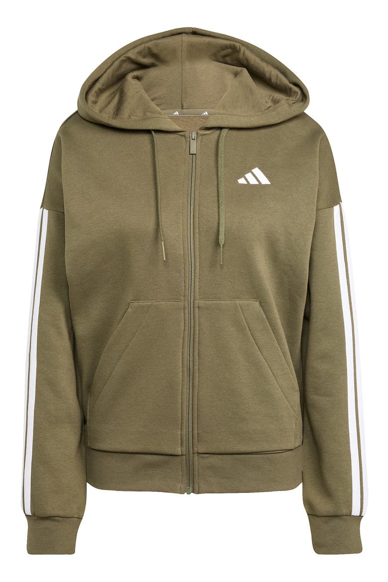 Essential 3-Stripes Full Zip Hoodie, Alternate, color, OLIVE STRATA/ WHITE