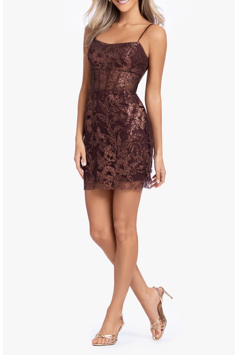 Sequin Corset Cocktail Minidress, Alternate, color, BROWN