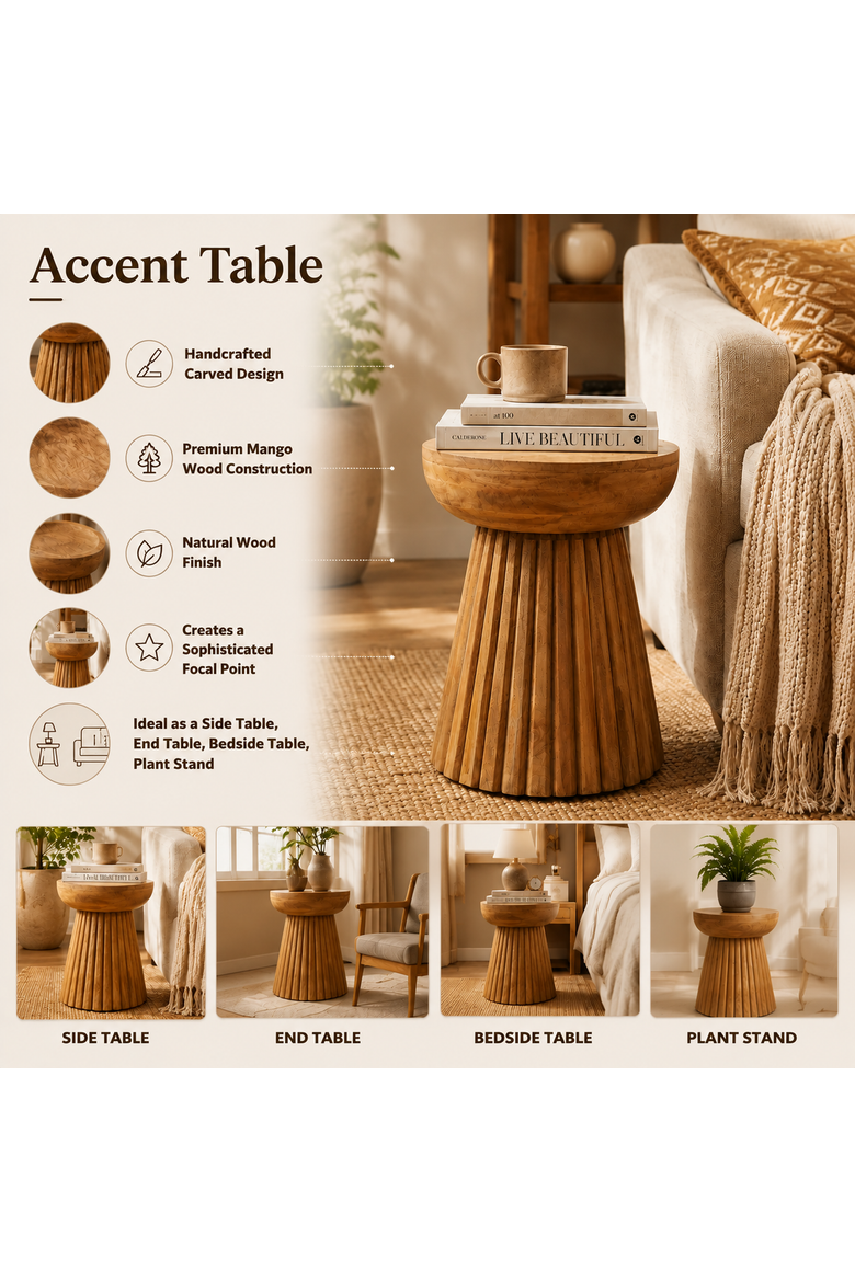 Hand Carved Mango Wood Accent Table Stool, Alternate, color, Natural Brown
