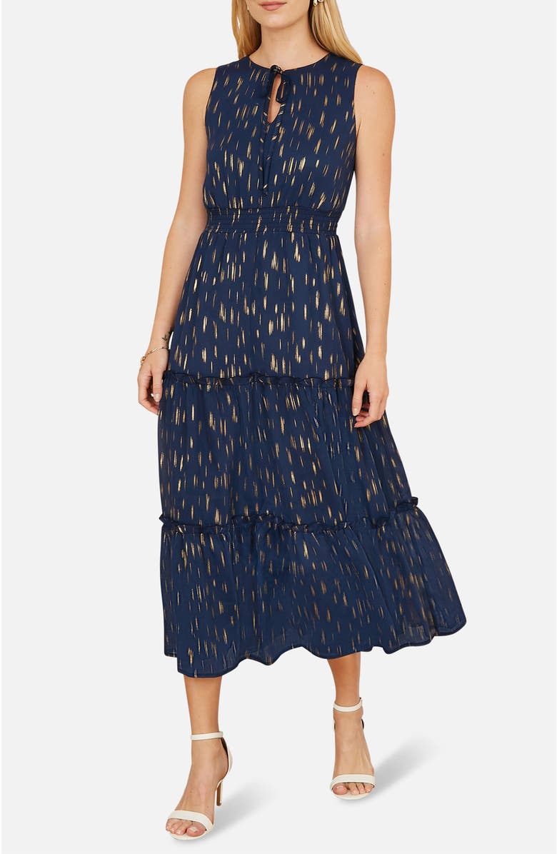 Yumi Foil Print Ruched Waist Midi Dress, Alternate, color, Navy