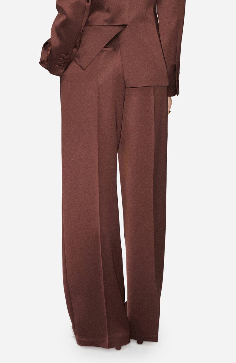 MANGO Pleated Satin Pants, Alternate, color, Brown
