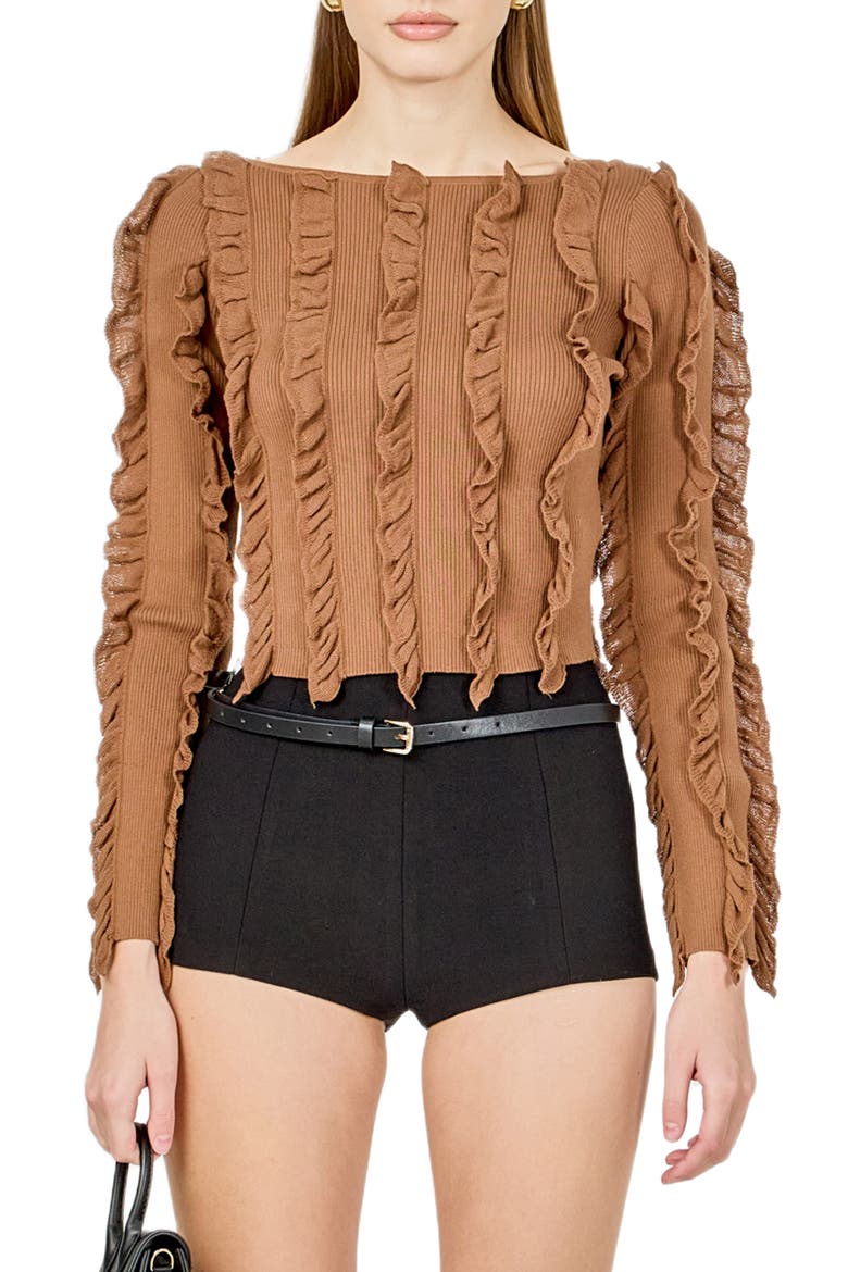 Ruffle Rib Knit Top, Main, color, MOCHA MOUSSE