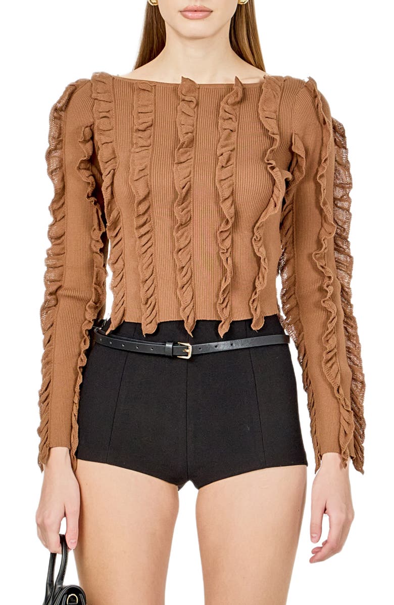 Endless Rose Ruffle Rib Knit Top, Main, color, Mocha Mousse