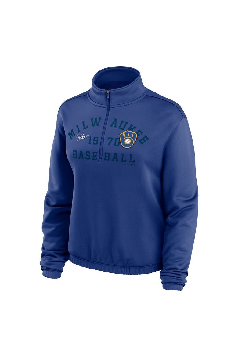 Women's Nike Royal Milwaukee Brewers Rewind Splice Half-Zip Semi-Cropped Bubble Hem Sweatshirt, Alternate, color, Royal