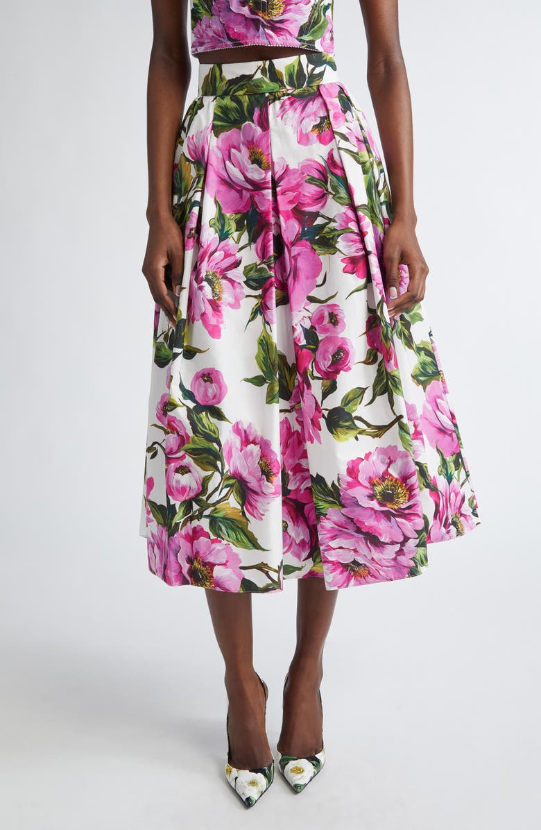 Dolce&Gabbana Peony Print Pleated Cotton Poplin Skirt, Main, color, Peonie Fuxia F.bianco
