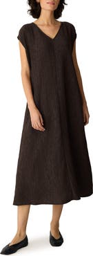Eileen Fisher V-Neck Crinkle Midi Dress