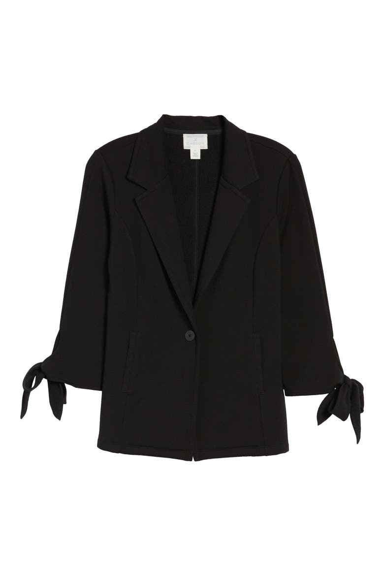 Tie Sleeve Stretch Knit Blazer, Alternate, color, BLACK