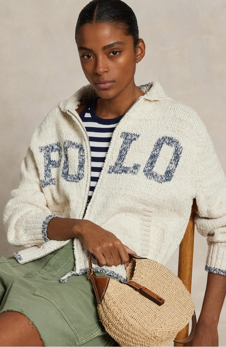 Polo Ralph Lauren Logo Cotton Zip-Up Sweater, Alternate, color, Cream/ Blue Multi