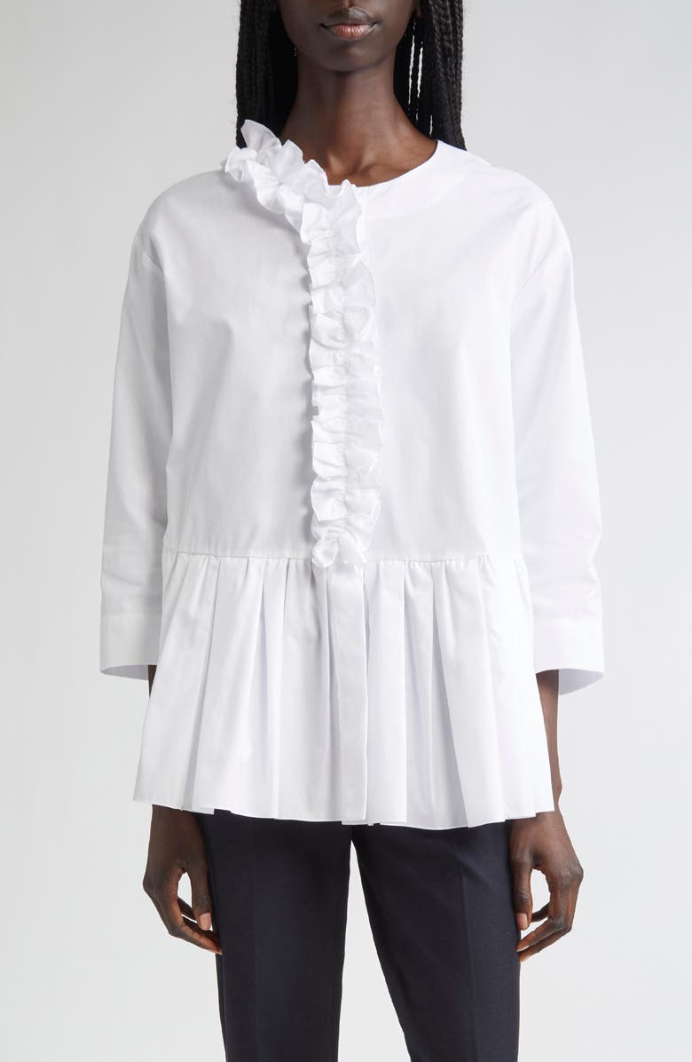 Max Mara Musa Flounce Detail Washed Cotton Poplin Shirt, Main, color, Optical White