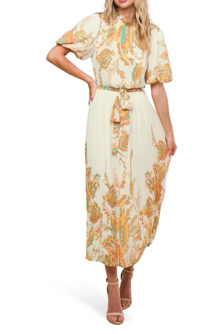 Paisley Puff Sleeve Plissé Midi Dress, Main, color, IVORY