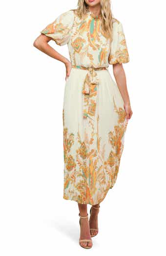 FLYING TOMATO Paisley Puff Sleeve Plissé Midi Dress
