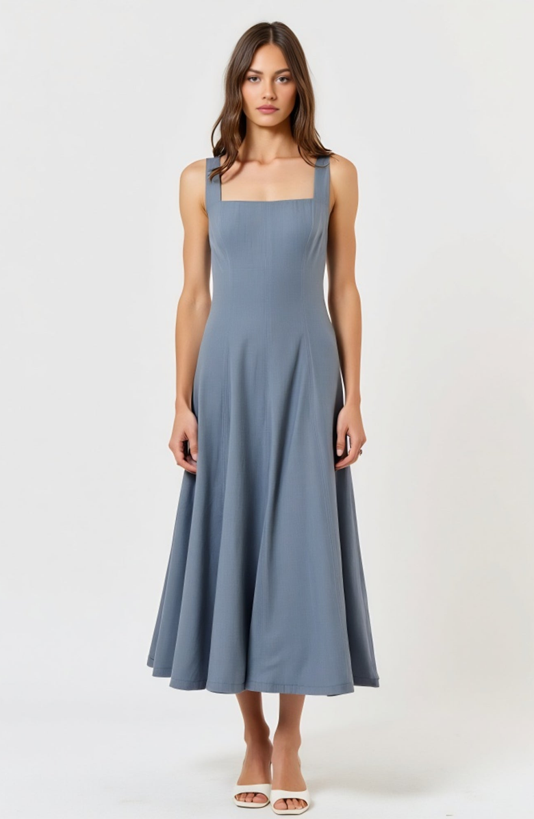 Modenaire Wide Strap Square Neck Midi Dress with Fit and Flare Silhouette, Main, color, Blue-Gray