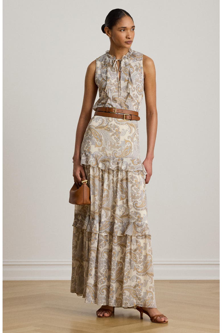 Paisley Ruffle Tiered Maxi Skirt, Alternate, color, CREAM/ MULTI