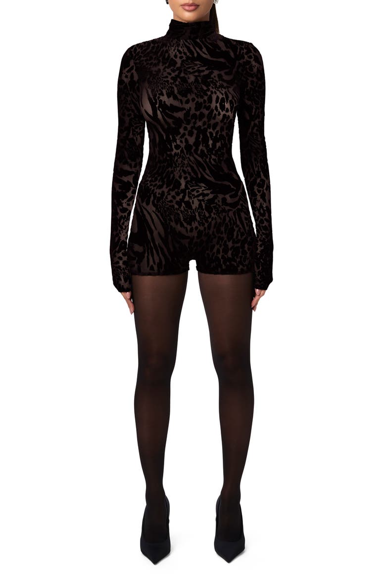 Burnout Mock Neck Long Sleeve Romper, Main, color, BLACK
