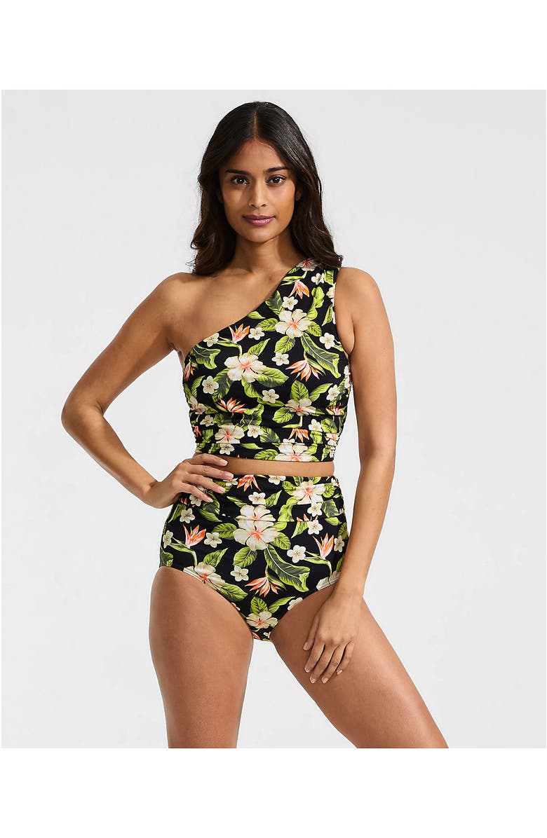 Lands' End Chlorine Resistant Ruched Natural High Waisted Full Coverage Bikini Swim Bottoms, Alternate, color, Hibiscus Floral/Black