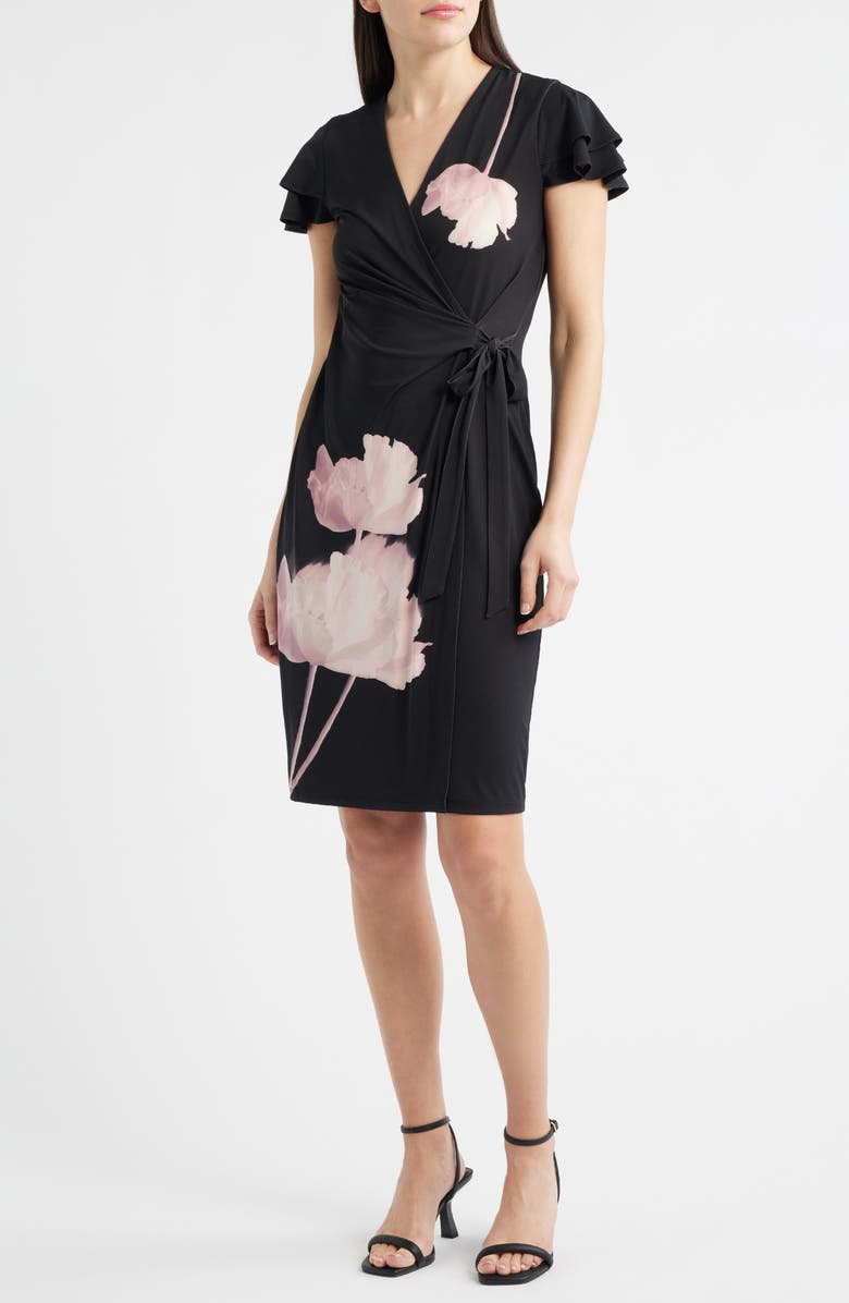 Anne Klein Print Flutter Sleeve Wrap Dress, Main, color, 