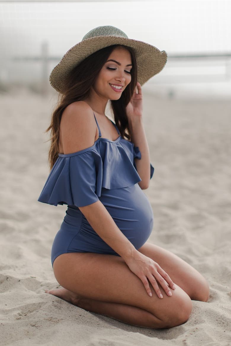 Ruffle Trim Ruched One-Piece Maternity Swimsuit, Alternate, color, Periwinkle