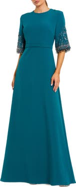 Mac Duggal Women's Crepe A Line Gown With Beaded 3/4 Sleeves