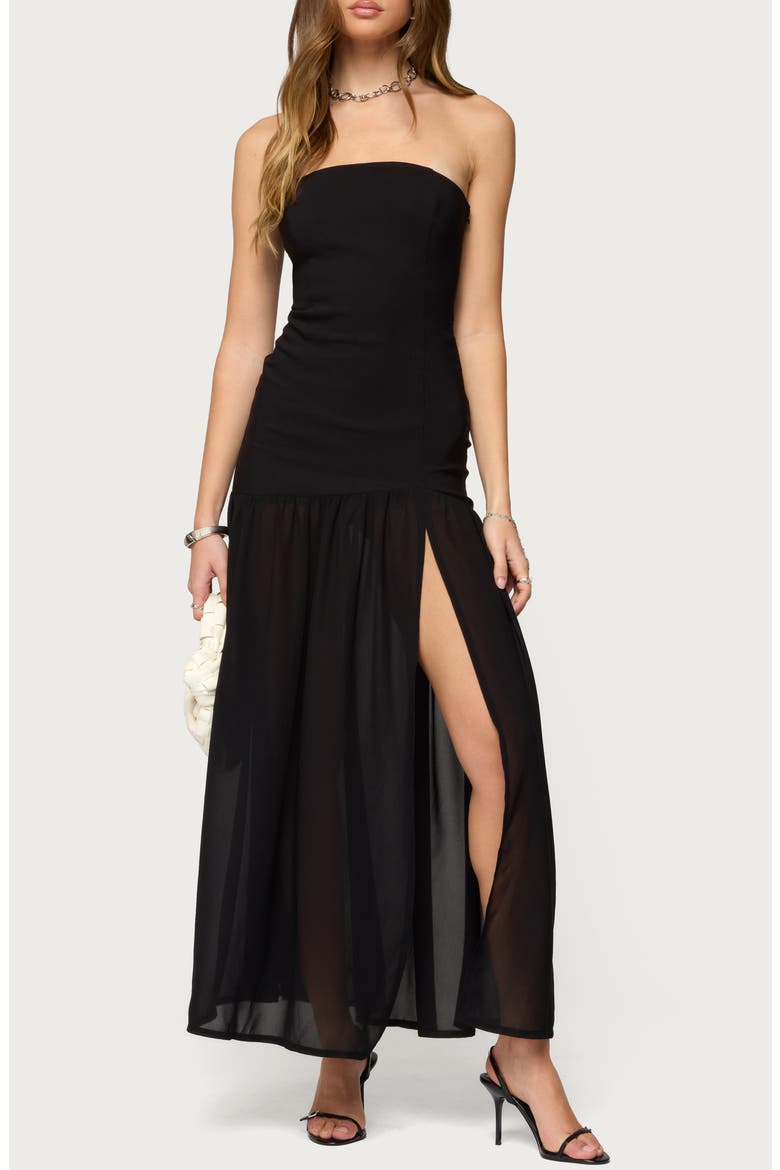 Marisa Strapless Drop Waist Mixed Media Maxi Dress, Main, color, BLACK