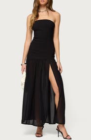 EDIKTED Marisa Strapless Drop Waist Mixed Media Maxi Dress