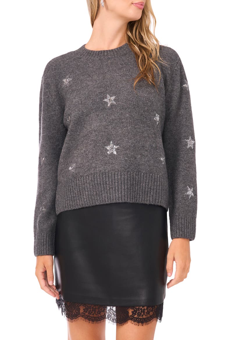 Sequin Star Detail Crewneck Sweater, Main, color, MEDIUM HEATHER GREY