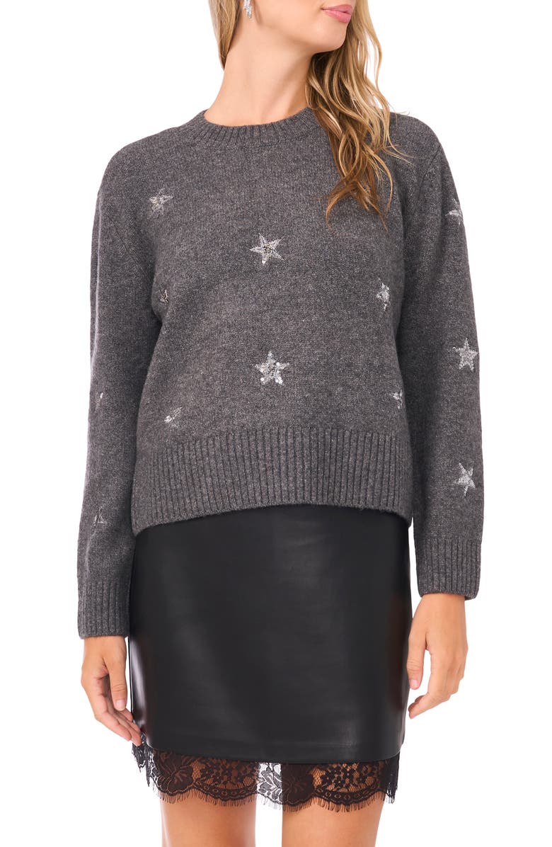 Vince Camuto Sequin Star Detail Crewneck Sweater, Main, color, Medium Heather Grey